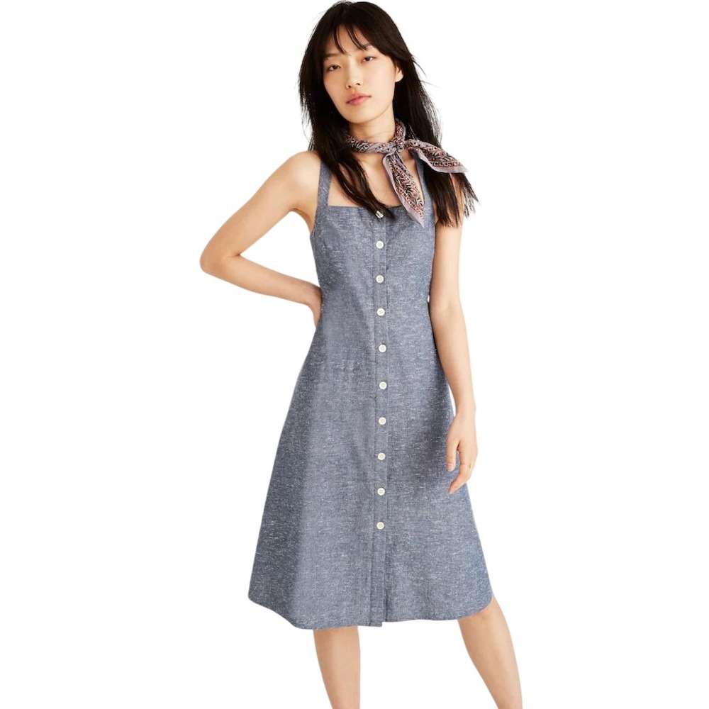 Madewell Women's Chambray Tank Button-Front Square Neck Midi Dress Indigo Sz 14